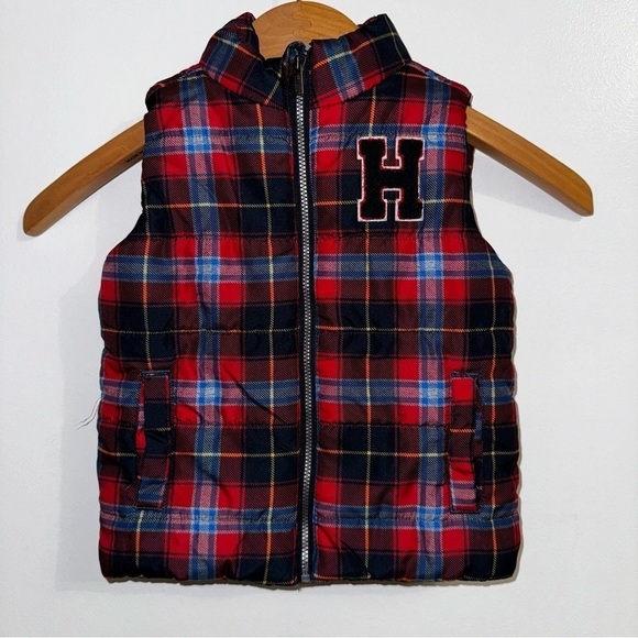 Tommy Hilfiger Other - Tommy Hilfiger Vest 18M Baby Red Blue Plaid Full Zip Puffer Pockets Kids Toddler